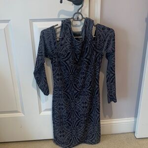 As U Wish Slate Patterned Cold-Shoulder Long Sleeve Dress